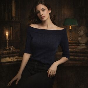 EUC ANTHROPOLOGIE THICK RIBBED KNIT OFF THE SHOULDER NAVY SWEATER SZ L